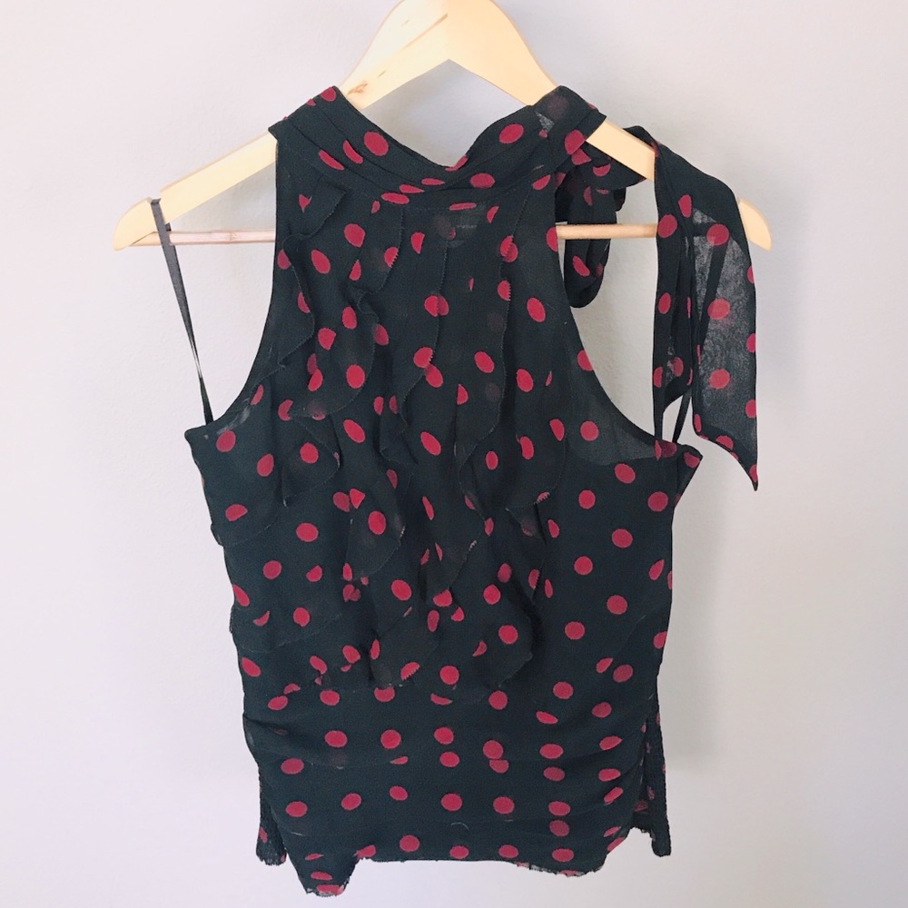 NWOT WHBM Polka Dot Tie Neck Ruffle Top